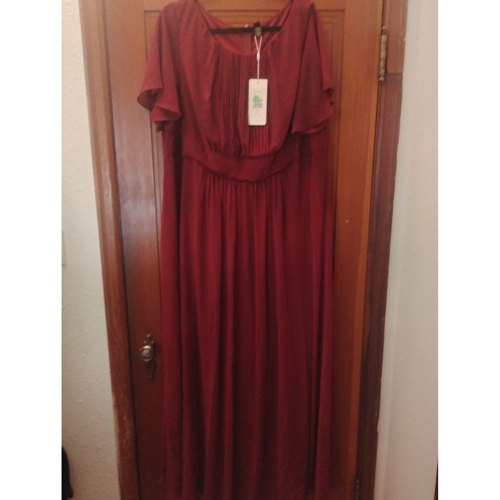 Ever-Pretty Burgundy Pleated Empire Waist Maxi Dress Flutter Sleeve Plus Size 24